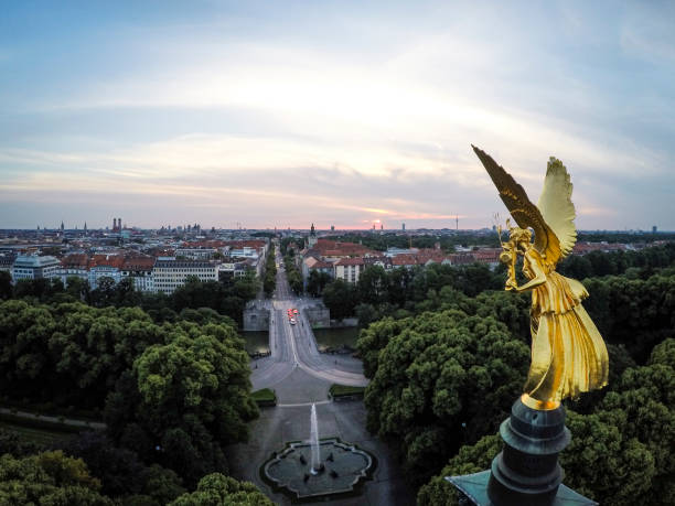A close up view of the Angel of Peace in Munich, Germany The Friedensengel in Munich, Germany taken by drone. munich stock pictures, royalty-free photos & images
