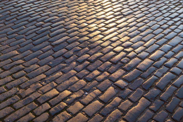Close up view of wet, dark and sunlit cobble paved street, Edinburgh An abstract background with texture of rough granite cobble paving stones wet with rain cobblestone stock pictures, royalty-free photos & images