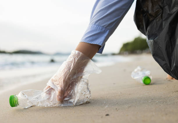 Close up woman hand pick up the plastic bottle on the beach. Female Volunteer clean the trash on the beach make the sea beautiful. World environment day concept. stock photo
