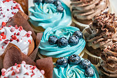 Closeup view of bunch of sweet homemade cupcakes or fairy cakes decorated with blueberries and blue creamy-cheese, brown chocolate topping and white cream. Horizontal  image, selective focus