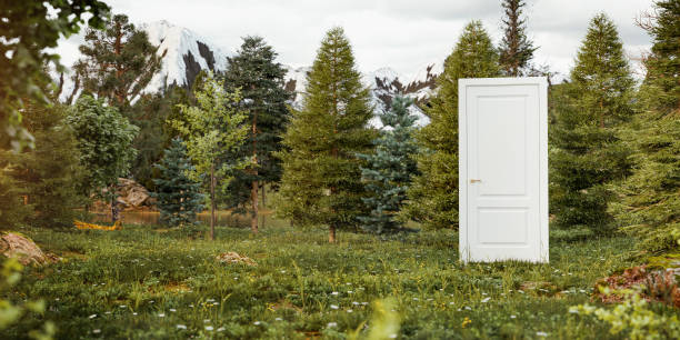 Closed White Door in the Middle of Wild Forest stock photo