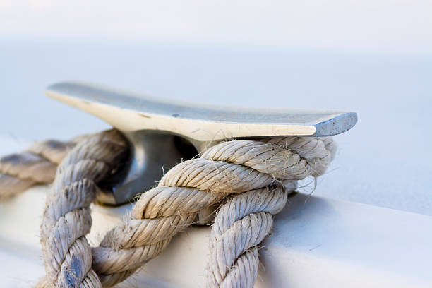 Closeup Cleat and Hawser, copy space Close up of mooring rope and cleat, full frame horizontal composition with copy space bollard photos stock pictures, royalty-free photos & images