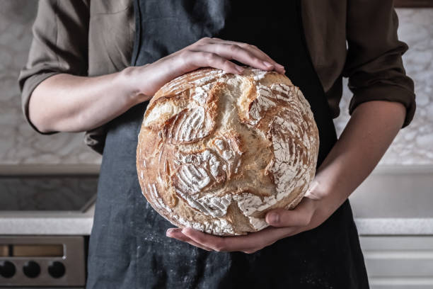 крупным планом изображение женских рук, держащих большую буханку белого хлеба. - пекарь стоковые фото и изображения