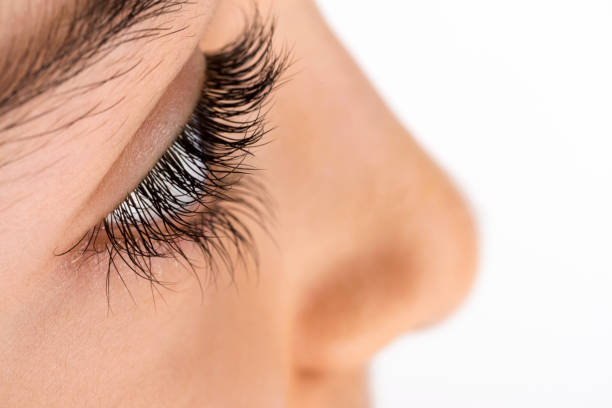 Close-up image of side view of brown eye and eyelashes stock photo