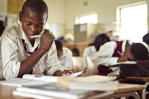 Closeup image of South African boy studying stock photo