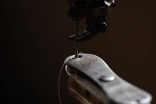 Close-up macro shot of old sewing machine stock photo