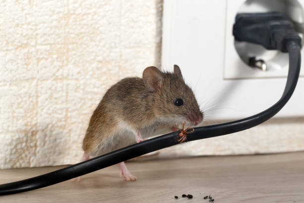 Closeup mouse gnaws wire  in an apartment house stock photo
