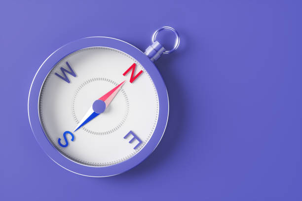 Close-up of a compass on a purple background. 3d render illustration stock photo