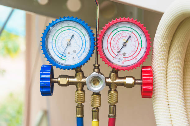 Closeup of a pressure meter on air conditioner stock photo