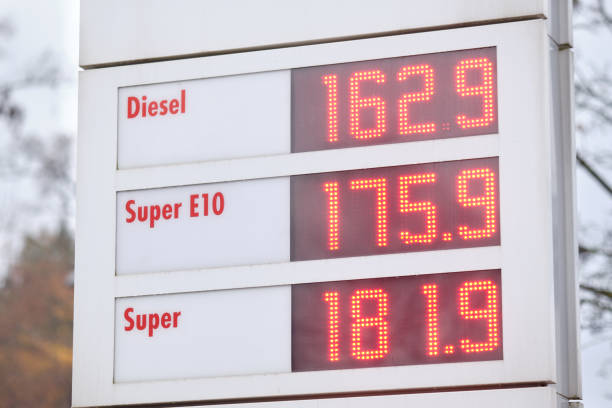 Close-up of a sign showing high gasoline prices stock photo