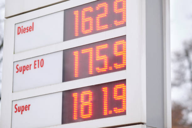 Close-up of a sign showing high gasoline prices stock photo