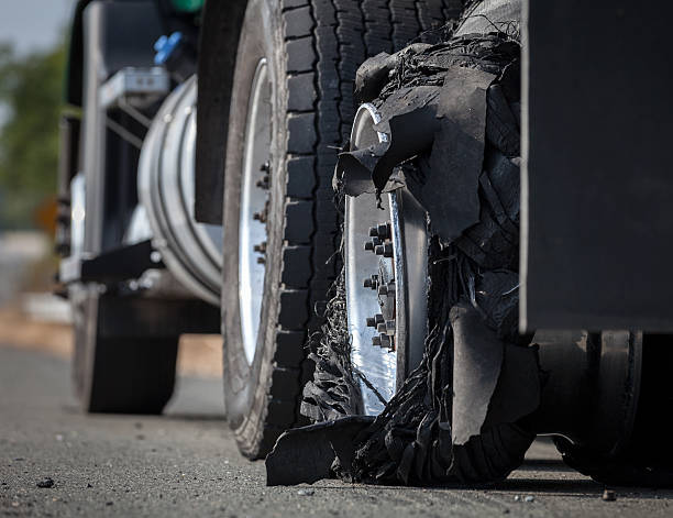 Closeup of a Tire Blowout on a Disabled Transportation Truck stock photo
