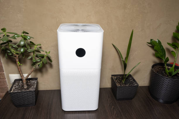 Close-up of a white indoor air purifier. Dust and allergy cleaner in the house stock photo