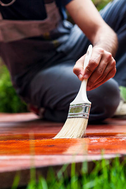 Closeup of a young man painting the deck stock photo