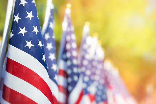 Closeup of an American flag in a row. Memorial day, Independence day, Veterans day concept. Copy space.