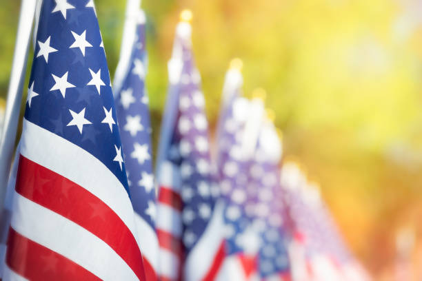 Closeup of an American flag in a row Closeup of an American flag in a row. Memorial day, Independence day, Veterans day concept. Copy space. memorial day stock pictures, royalty-free photos & images