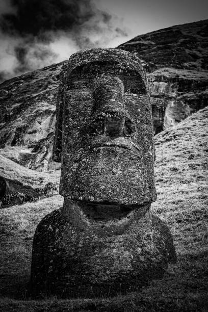 Close-up of an Easter Island moai at the foot of the Rano Raraku volcano in black and white, in high resolution. Rapa Nui, Chile stock photo