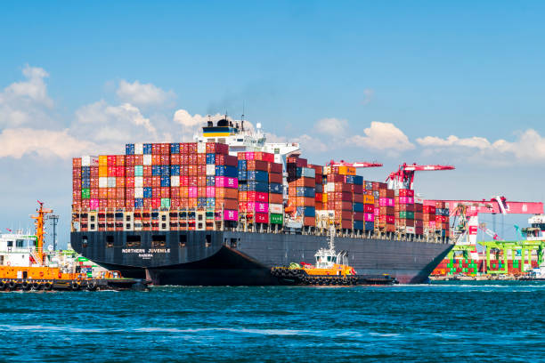 Close-up of container ship in the Port of Kaohsiung, Taiwan. stock photo