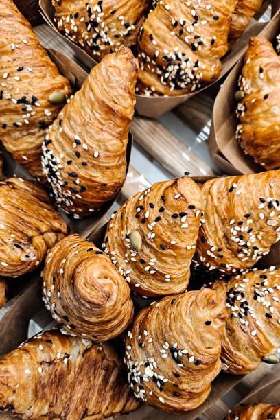 Closeup of Croissant sold in bakery. stock photo