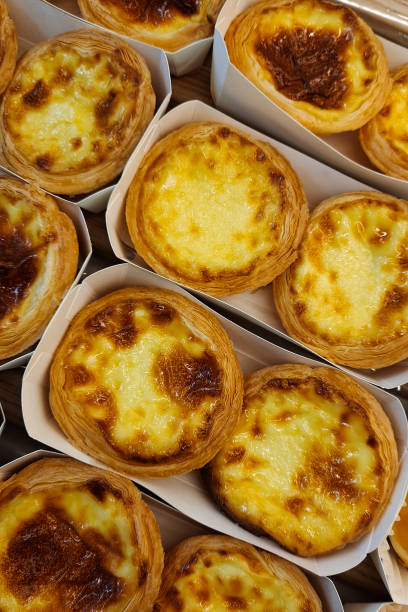 Closeup of egg tarts sold in bakery. stock photo