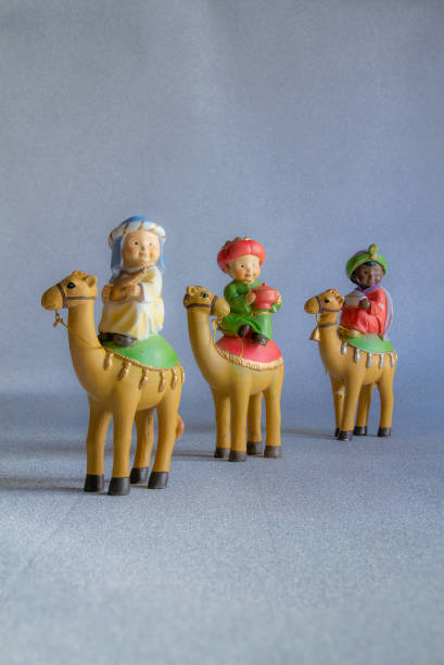 Close-up of figures of the Three Wise Men from the East Christmas concept and tradition. Vertical photography and copy space stock photo