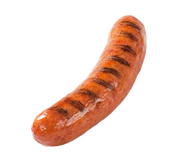 close-up of grilled bratwurst on white background - korv bildbanksfoton och bilder