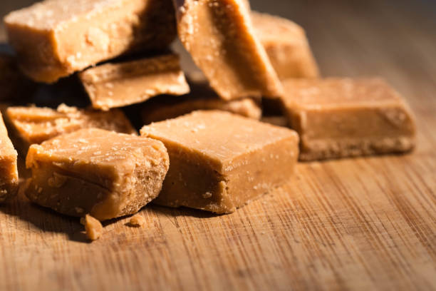 Closeup of homemade fudge in a kitchen Closeup of homemade fudge in a kitchen chewy stock pictures, royalty-free photos & images