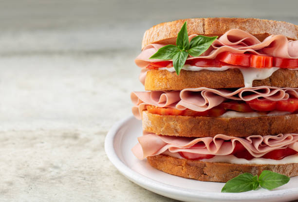 Close-up of italian deli sandwich with mortadella, soft cheese Stracchino and tomatoes. Copy space. stock photo