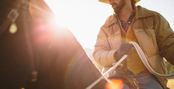 close-up  of man sitting on horse with sunglare - cowboy horse bildbanksfoton och bilder