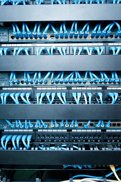 Close-up of network hub and cable stock photo