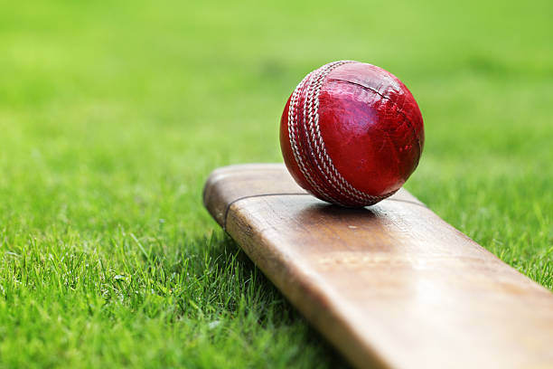Close-up of red cricket ball and bat sitting on grass stock photo