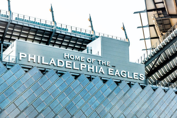 Closeup of sign for Lincoln Financial Field stadium, home of eagles with bleachers seats stock photo