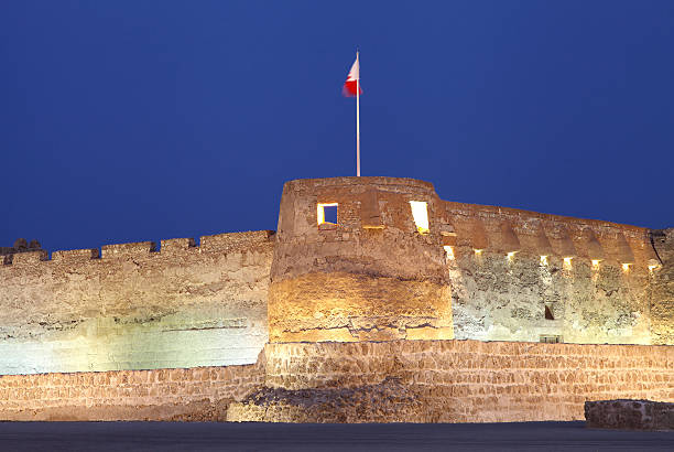 Closeup of Southern tower of Arad Fort during blue hours stock photo