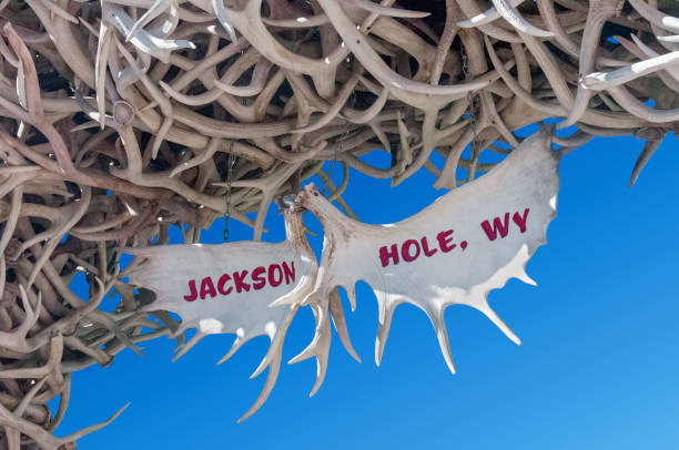 Closeup of the arch of elk antler horns in Jackson Hole town square, Wyoming. stock photo