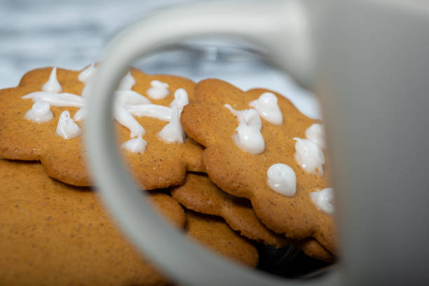 Closeup of traditional Finnish gingerbreads with homemade icing stock photo