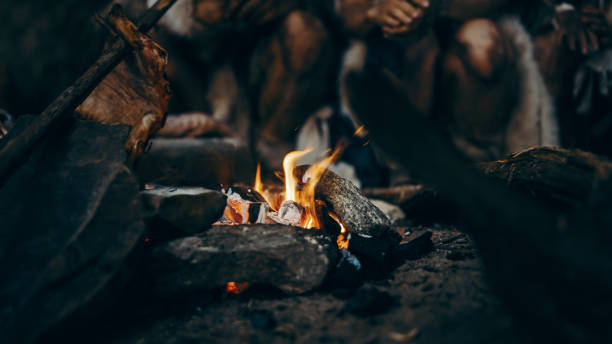 close-up of tribe prehistoric hunter-gatherers trying to get warm at the bonfire, holding hands over fire, cooking food. neanderthal or homo sapiens family live in cave at night. - fire caveman imagens e fotografias de stock