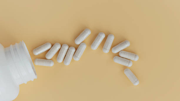 close-up of vitamin B6 (pyridoxal-5-phosphate) capsules. dietary concept. dietary supplement topview stock photo