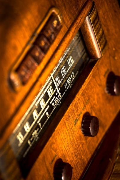Close-up old antique floor radio with dials stock photo