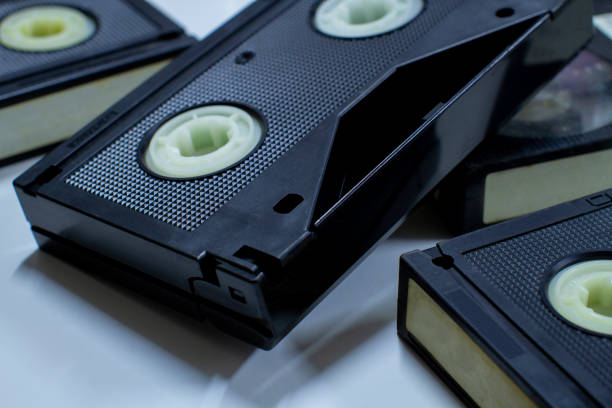 Close-up old retro videotape on the white background stock photo