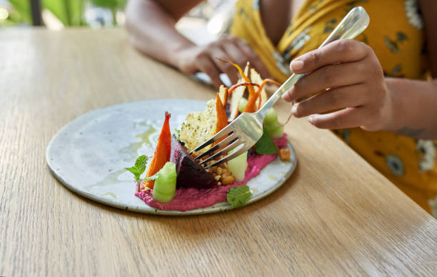 Closeup photograph of a healthy organic vegetarian dish for vegetarians or vegans including beet puree and chopped vegetables and herbs stock photo