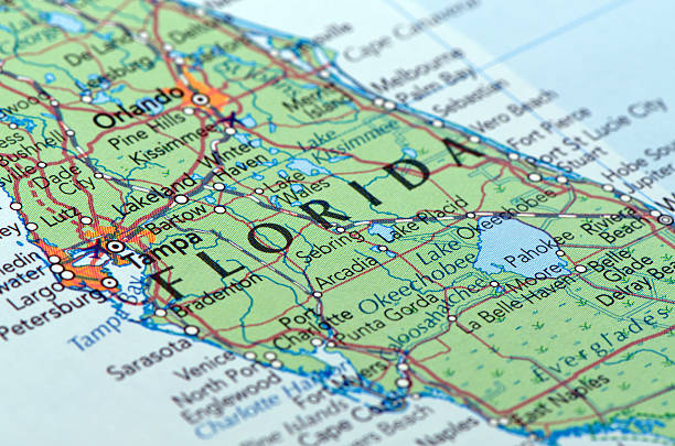 Close-up picture of a busy paper map of florida stock photo