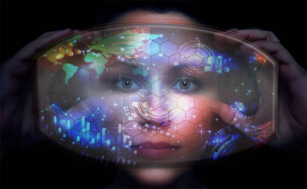 nahaufnahme porträt der jungen und schönen frau mit der virtuellen futuristischen brille (technologiekonzept). virtuelle holographische schnittstelle und junge frau trägt brille - vr brille stock-fotos und bilder