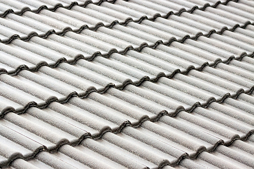 Closeup grey roof tiles, background with copy space, full frame horizontal composition
