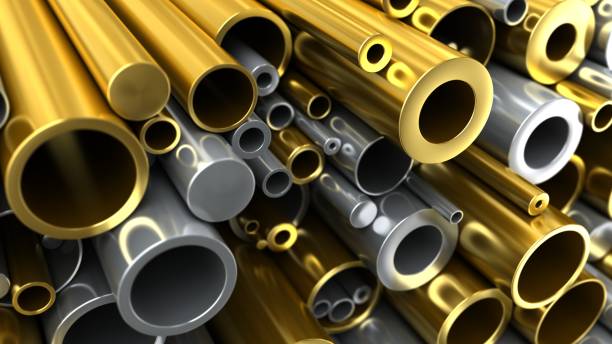 Close-up set of different diameters metal round tubes. Industrial 3d illustration stock photo