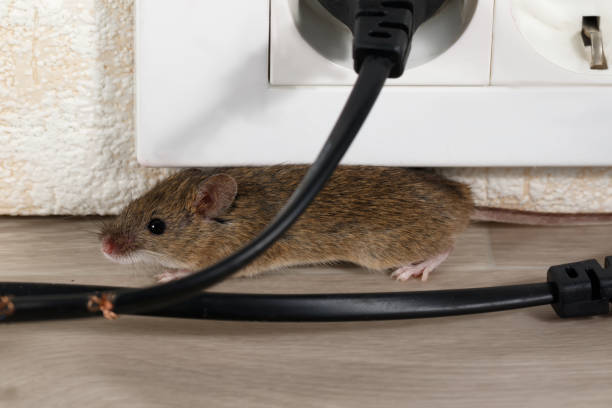Closeup the mouse lies in corner behind broken wire. Inside high-rise buildings. stock photo