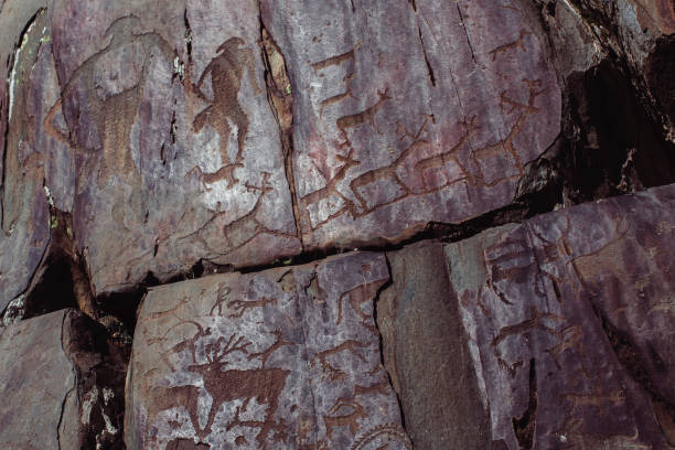 Close-up view of petroglyphs, ancient rock paintings in the Altai Mountains. stock photo