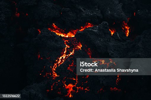 istock Close-up view of the fresh melting burning lava at Fagradalsfjall volcano eruption site, Iceland 1322516622