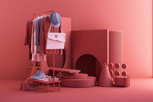 clothes mannequins a hanger surrounding by bag and market prop with geometric shape on the floor in pink and blue color. 3d rendering - store render imagens e fotografias de stock