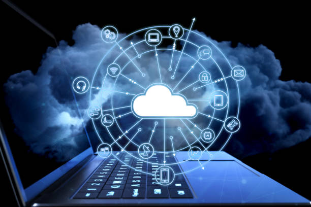 Cloud computing technology Cloud computing technology concept with 3d rendering computer notebook with cloud icons emigration and immigration stock pictures, royalty-free photos & images