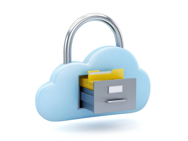 Cloud padlock as filing cabinet with manila folder Cloud symbol as a padlock with filing cabinet and manila folder, 3d render files stock pictures, royalty-free photos & images